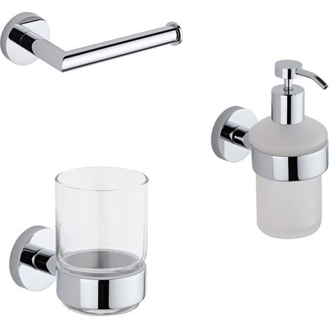 Milano Mirage 3 Piece Bathroom Accessory Set with Toilet Roll Holder Tumbler and Soap Dispenser - Chrome (1/3)