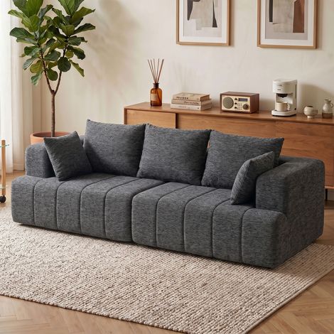 Canapé 3 places en chenille nuage, rembourrage ressort épais, assise large et profonde, accoudoirs larges, coussins inclus, gris. (1/5)