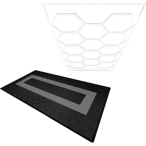 Carrelage de Sol Ventilé Modulaire Imbriqué Lot de 90 Noir & 30 Gris Avec Bordure & 14 Lampes Hexagones Lumière Blanche 6500K 3 Choix de Montage & Kit Plafond Suspendu Individuel Double Sol de Garage