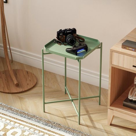Petite table d’appoint verte carrée, pieds croisés SFAX (1/5)