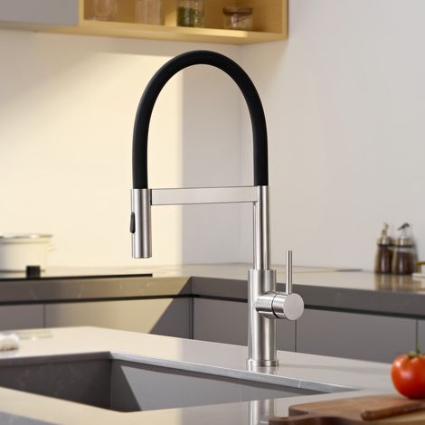 CECIPA MAX Grifo de cocina magnético, giratorio 360°, grifo flexible y extraíble con monomando y 2 tipos de chorro, acabado negro y cepillado (1/5)