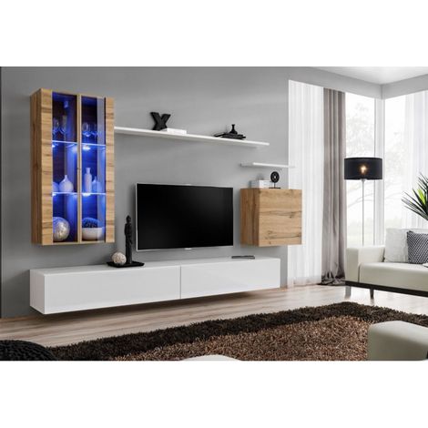 Ensemble mural - Switch XII - 2 vitrines LED - 2 bancs TV - 1 vitrine carrée - 3 étagères - Bois et blanc - Modèle 1 - Livraison gratuite