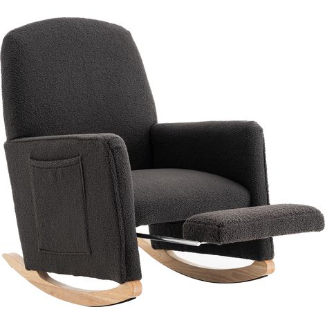 Fauteuil à bascule avec repose-pieds, fauteuil relax en tissu teddy gris foncé, structure en bois, idéal pour salon et chambre - CHICFURN (1/5)