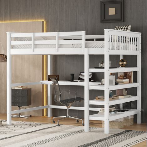 Letto a soppalco 140x200 cm bianco in legno di pino e MDF con scrivania e ripiani (1/5)