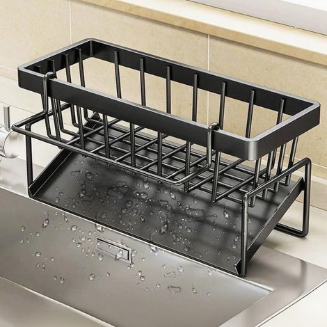 Porte-éponge pour évier de cuisine – Organiseur de savon en acier inoxydable avec bac de vidange automatique, support de rangement sur comptoir pour évier ou salle de bain, accessoires pour petits