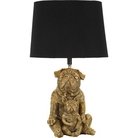 Lampada da tavolo Dog in resina oro e nero con paralume in tessuto