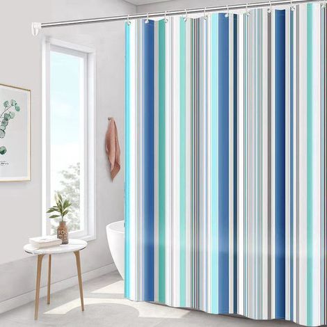 Rideau de douche - 180 x 200 cm - rayures romantiques - polyester - coloris - avec crochets - anti-moisissure - imperméable - décoration de salle de bain (1/4)