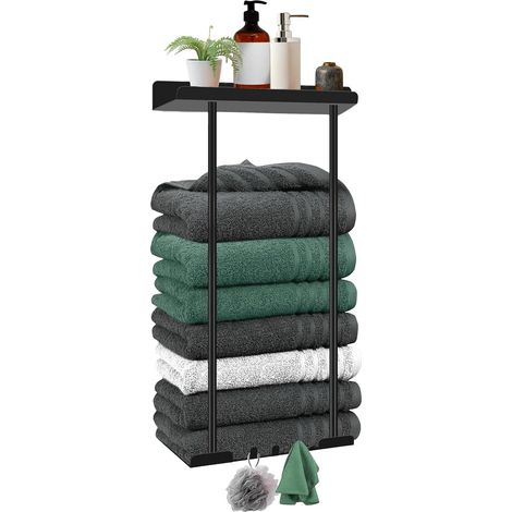 Porte-serviettes mural sans perçage, extensible, avec étagère et crochets, autocollant, pour salle de bain, 38-75 cm. (1/5)