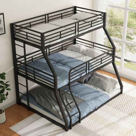 Lit superposé triple 90x200 + 120x200 + 140x200 cm en métal noir, structure robuste, sans matelas (1/5)
