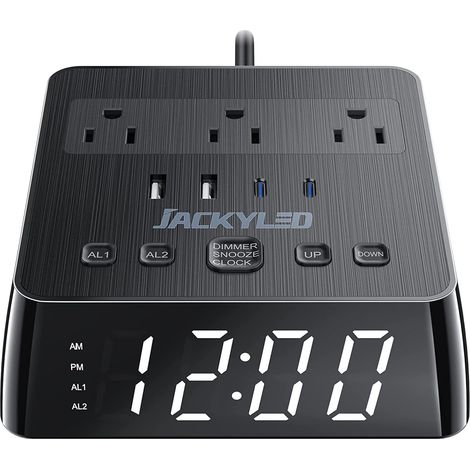 Réveil avec 4 chargeurs USB, multiprise 3 prises, horloge numérique à intensité variable avec deux alarmes et fonction répétition (1/5)