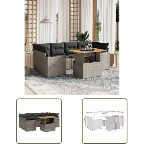 The Living Store Salon de jardin avec coussins 7 pcs gris résine tressée - Ensemble Salon De Jardin - Mobilier Extérieur - Salon De Jardin Pliable - Set Salon De Jardin - Chaise Longue (1/3)