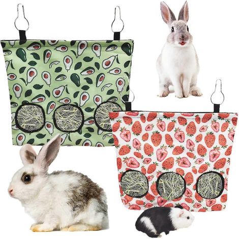 Lot de 2 sacs à foin pour lapins, distributeur de foin pour petits animaux (cochons d'Inde, chinchillas, etc.), mangeoire suspendue pour lapins. (1/5)