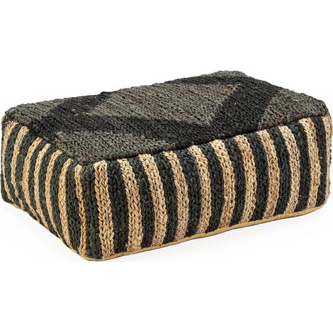 Pouf rectangulaire tissé noir naturel style ethnique élégant - Noir tissé et beige naturel (1/3)