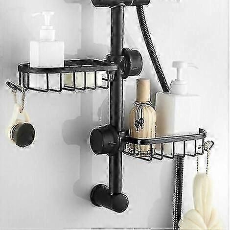 Barre de douche télescopique noire, 2 étagères de rangement antirouille pour salle de bain, porte-savon et barre de douche combinés sans perçage. (1/4)