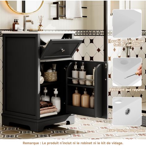 Mueble de baño de 51x46x87 cm, con espacio de almacenamiento, fabricado en cerámica y MDF lacado en negro
