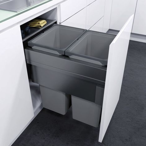 Poubelle de cuisine encastrable avec fixation avant, 450 mm, avec amortisseur et fermeture automatique, bac de 2 x 35 l, en plastique/acier, gris lave (1/2)