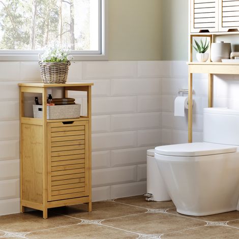 Armoire de salle de bain avec panier multifonction pour la et les jouets 40x30x86,5 cm - meuble à linge en MDF et bambou - couleur naturelle