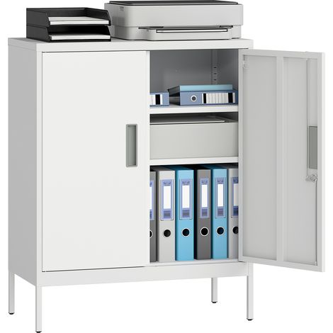 Armoire de bureau en acier verrouillable avec 2 portes et etageres reglables blanc
