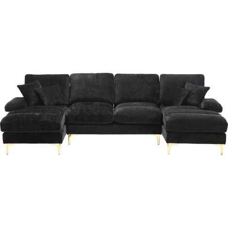 ELVMI Divano a U con 2 Chaise Longue e 6 Cuscini, Design Ergonomico e Gambe in Metallo, Ciniglia Nero 272 × 136 × 88 cm (1/5)