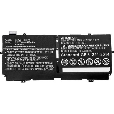 Batterie pour ordinateur portable Dell, Li-Po 49,40 Wh 7,6 V 6 500 mAh, noire, XPS 13 7390, mbxde-BA0222