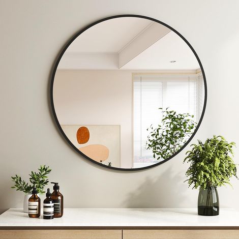 Schwarz Runder Wandspiegel, Ø 100cm Spiegel, Runder Spiegel mit Schwarz Metallrahmen Badspiegel für Badezimmer, Waschtisch, Wohnzimmer, Schlafzimmer, Eingang Wanddekoration (1/5)