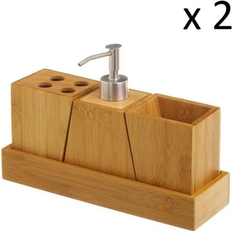 Lot de 2 pack de 4 accessoires salle de bain, set salle de bain avec distributeur de savon en bambou coloris naturel-JUANIO (1/4)