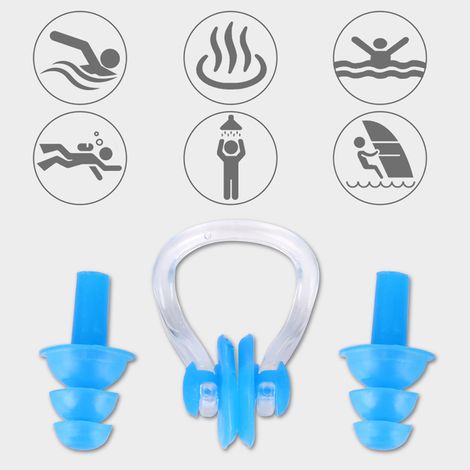 4 Pièces Bouchons d'Oreilles Anti-Eau en Silicone Souple pour Nageurs avec Pince-Nez (Bleu) (1/5)