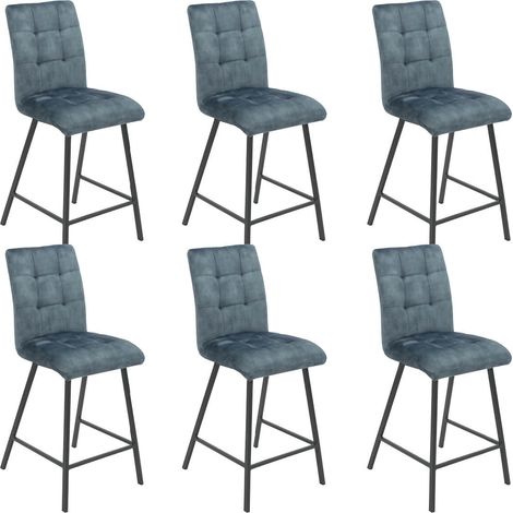 JOHN - Lot de 6 Tabourets de Bar Capitonnés Bleu Gris (1/2)