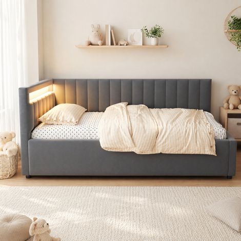 Cama sofá 90x200 cm LED con arcón hidráulico gris de terciopelo, sin colchón FloraGrace (1/5)