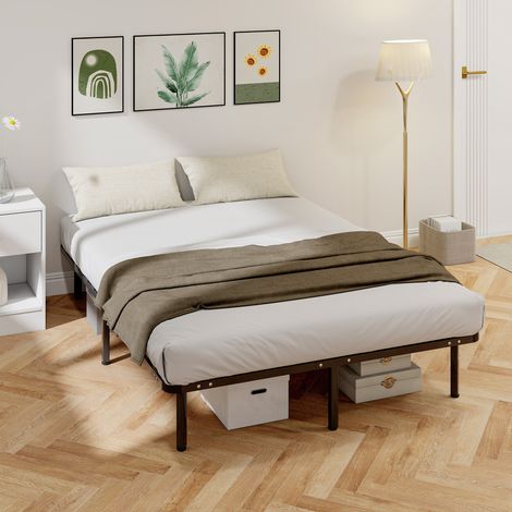 Cadre de lit 140 x 190 centimètres, lit 2 personnes en bois massif avec sommier à lattes et pied, noir, rangement au-dessous