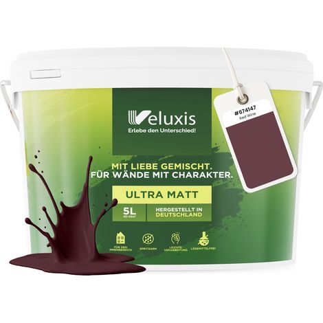 Peinture murale rouge-brun bordeaux mate pour intérieur – pouvoir couvrant classe 1, sans COV, sans apprêt, à faible écoulement – salon et chambre – 5 L – Veluxis (Red Wine)