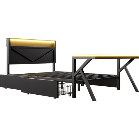 Lit plateforme gaming 140x200 cm en métal noir, tête de lit LED, bureau lumineux intégré et 2 tiroirs, lit complet avec éclairage (1/5)