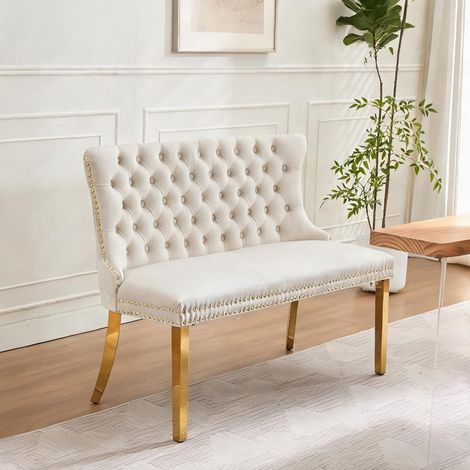 Banquette 2 places en velours beige avec pieds dorés 116 cm (1/5)