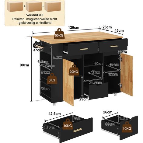 Mobile Kücheninsel mit klappbarer Arbeitsplatte, Küchenwagen und Aufbewahrungsschrank mit 3-stufigem Gewürzregal, 3 großen Schubladen und feststellbaren Rollen, 120 × 45(71) × 90 cm (1/5)