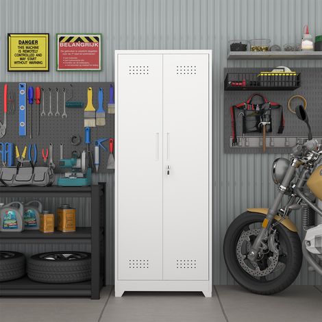 Armoire de rangement pour outils de nettoyage en métal blanc de 165 cm (65 po) avec portes verrouillables, étagères, tringle et crochets en S (1/5)