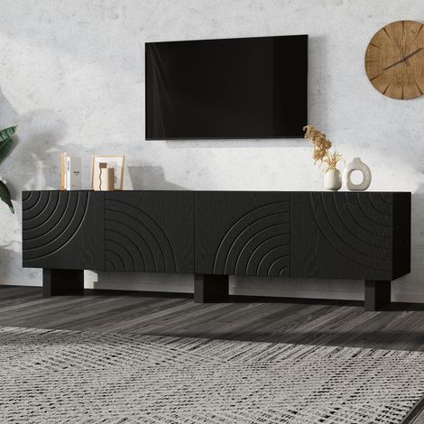 Meuble TV noir en panneaux de particules (180×40×55 cm), modèle bas moderne avec 4 portes, support mural TV & rangement, jusqu’à 75″ (1/4)