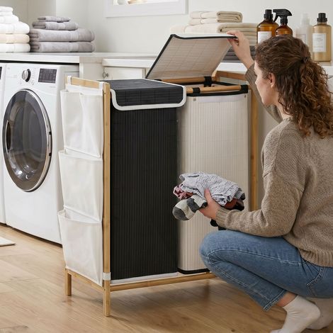 Panier à linge double 120L avec couvercles, structure en bambou robuste, sacs amovibles et poches latérales pratiques (1/5)