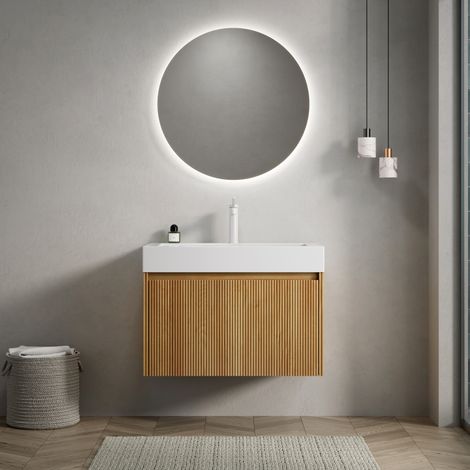 Meuble vasque mural 70 cm avec vasque intégrée en résine blanche, 1 tiroir, bois naturel (1/5)