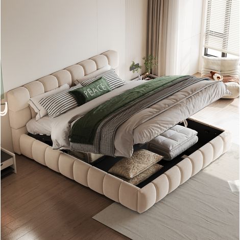 Letto matrimoniale contenitore imbottito 140x190 cm idraulico, velluto beige, rete a doghe OKWISH (1/5)