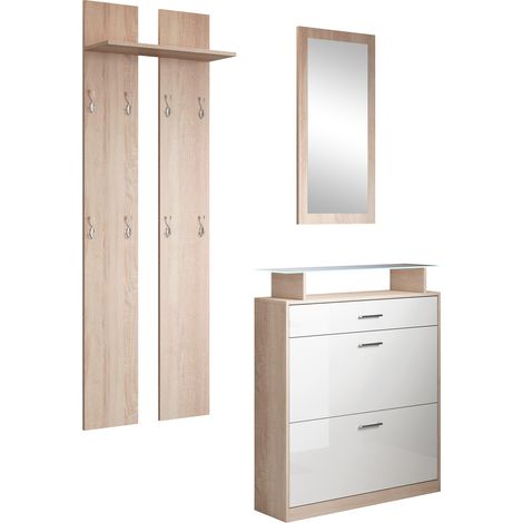 Muebles Bonitos – Meuble d'entrée 3 en 1 avec miroir et LED – Meuble à chaussures avec 2 portes et 1 tiroir – Dimensions 105 x 89 x 24 cm – Structure en mélamine brillante (1/5)