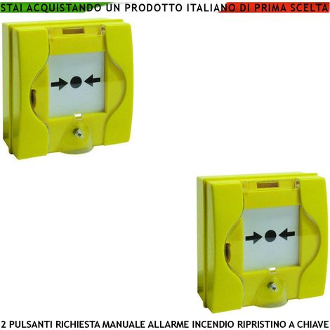 PULSANTE EMERGENZA ROTTURA VETRO GIALLO 2 PEZZI ATTIVAZIONE INTERVENTO INCENDIO RIPRISTINO A CHIAVE SBLOCCA PORTE REI EN 54-11 CPD (1/4)