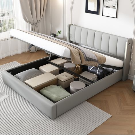 Bett modern aus PU in Grau 180x200 cm mit verstellbarem Kopfteil, LED, USB/Type-C und Bettkasten (1/5)