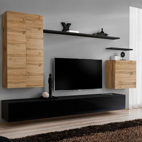 Meuble TV Mural Design "Switch II" 270cm Naturel & Noir (1/4)