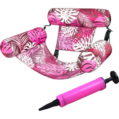 Chaise flottante piscine gonflable avec pompe, matelas lounge adulte motif plantes pour plage et été,Rose (1/5)