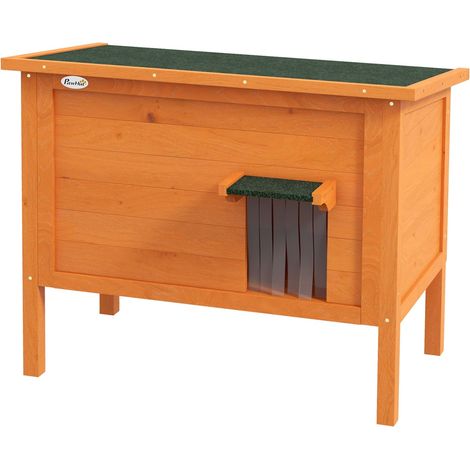 Katzenhaus aus Holz mit Türvorhang Outdoor, Isoliert, Erhöhtes Design, für Kleintiere, Orange, 60x60x81,5cm