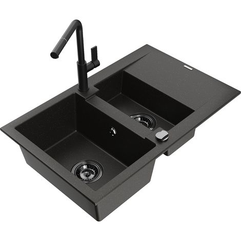 Mexen Gaspar 1,5-Becken-Granitspüle mit Abtropffläche und Mischbatterie Flora, Schwarz/gold - 6507-7