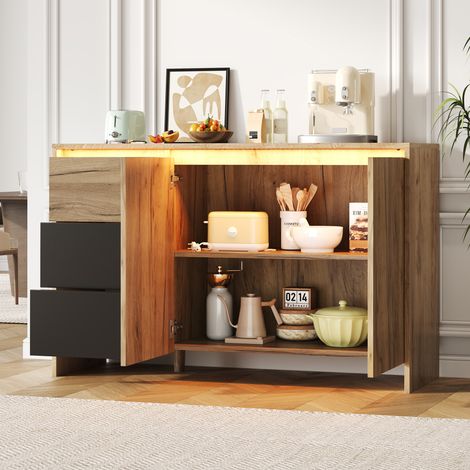 Credenza da cucina con 2 ante, 3 cassetti, vano contenitore a LED, legno naturale e nero, 120x40x76 cm