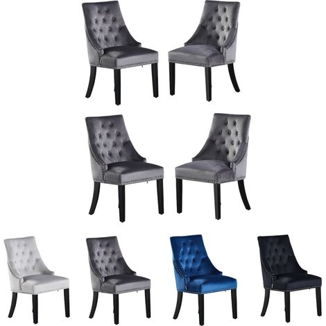Juego de 4 sillas de comedor de terciopelo Windsor con patas de madera - Silla de comedor con respaldo de anillo - Silla tapizada - Silla de comedor moderna - Cocina, Sala de estar - Gris oscuro