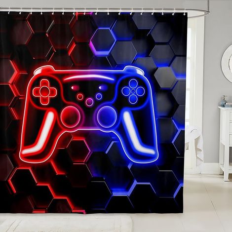 Rideau Douche 180x180cm Jeu, Rideaux de Douche Néon Honeycomb Gamer, Rideau de Baignoire Console de Jeu Rétro, Rideaux Salle de Bain Lumières Hexagonales Bleues Rouges,Décor de Jeu - 180L X 180H cm (1 (1/5)