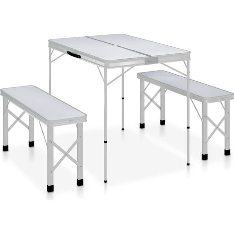 vidaXL Tavolo da Campeggio Pieghevole con 2 Panche in Alluminio Bianco (1/5)